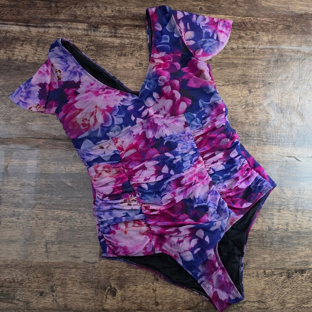 TORRID One Piece Swimsuit Womens 2X Purple Floral Mesh Ruched Padded Sweetheart